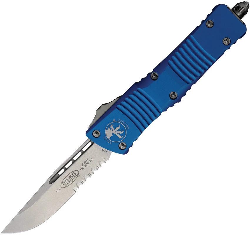 Microtech Auto Combat Troodon Serrated Edge OTF Knife For Tactical EDC Enthusiasts Blue Aluminum Handle M390 Blade by Microtech
