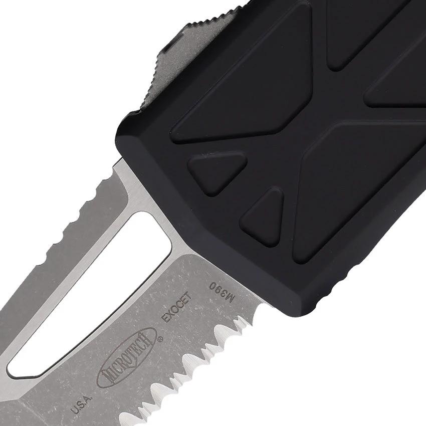 Microtech Automatic Exocet OTF Knife 3.63 Inch Closed Serrated Tanto Premium Black Aluminum Handle For EDC Enthusiasts by Microtech