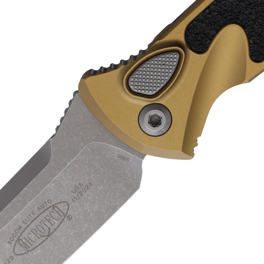 Microtech Auto Socom Elite Button Lock Knife Automatic Opening Premium 4in Blade Tan Aluminum Handle For Tactical Pros by Microtech