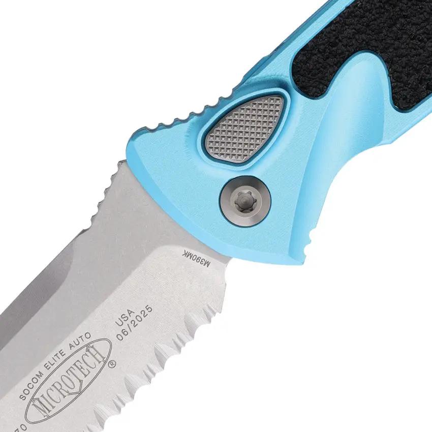 Microtech Auto Socom Elite Buttonlock Knife Automatic Opening Turquoise Handle 4 Inch Serrated Blade For Tactical Pros by Microtech