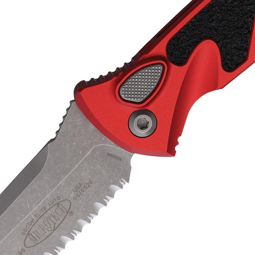 Microtech Auto Socom Elite Buttonlock Knife With 4in Serrated M390 Tanto, Apocalyptic Finish, Red Aluminum For EDC Fans by Microtech