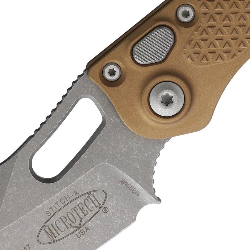 Microtech Auto Stitch S E Button Lock Knife AP16910APBN Auto Opening Finish Premium Steel Wharncliffe Brown Aluminum Handle EDC by Microtech