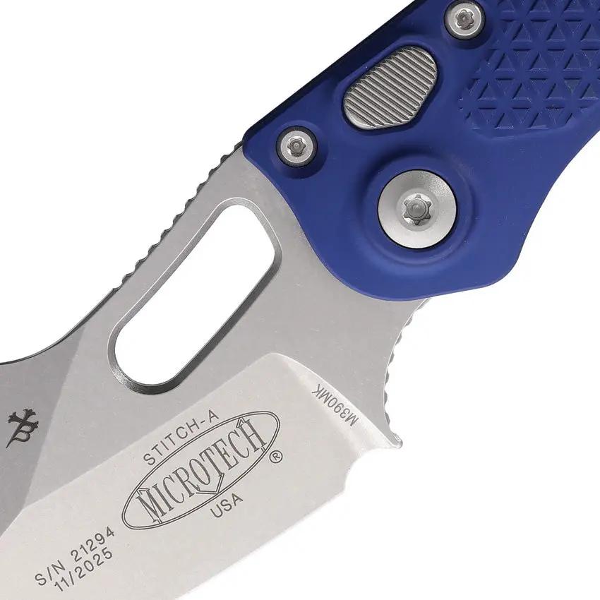 Microtech Auto Stitch SE Button Lock Knife For EDC Enthusiasts With Automatic Opening 3.75in Wharncliffe Blade Navy Aluminum by Microtech