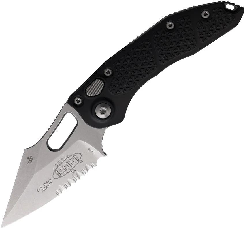 Microtech Auto Stitch SE Button Lock Knife With Auto Opening Wharncliffe Blade 5in Closed Stonewashed Black Aluminum EDC