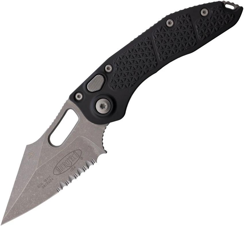 Microtech Auto Stitch S E Button Lock AP16911AP Premium Serrated Wharncliffe Blade Black Aluminum Handle For EDC