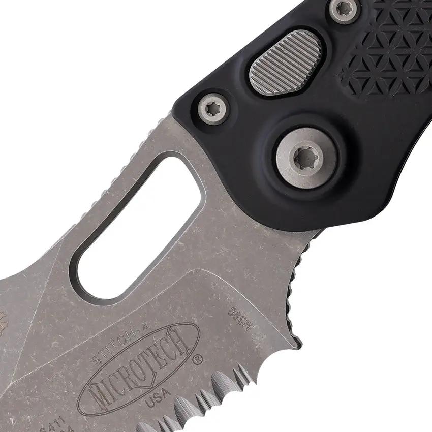 Microtech Auto Stitch S E Button Lock AP16911AP Premium Serrated Wharncliffe Blade Black Aluminum Handle For EDC by Microtech