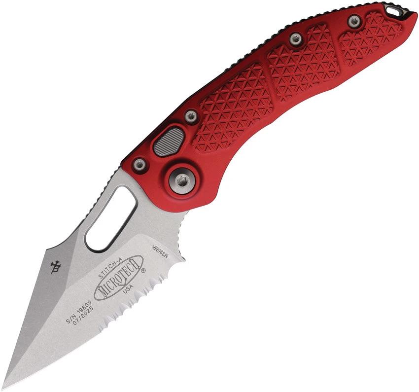 Microtech Auto Stitch S E Button Lock Knife Red Aluminum Handle Premium Steel EDC Wharncliffe Blade 3.75 Inch