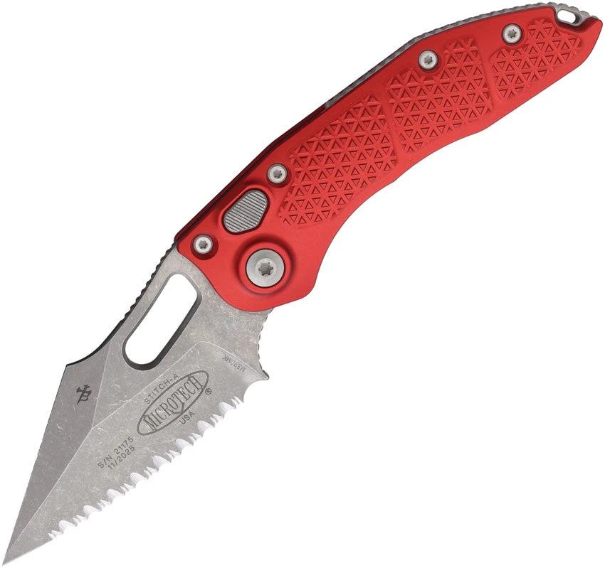 Microtech Auto Stitch SE Button Lock Knife Apocalyptic Finish Wharncliffe Blade Red Aluminum Handle For EDC Enthusiasts