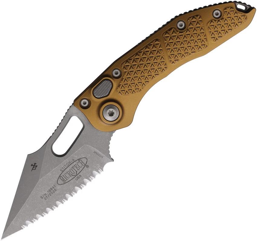 Microtech Auto Stitch Knife Button Lock Tan Aluminum Handle Automatic Opening Serrated Wharncliffe Blade For EDC Fans