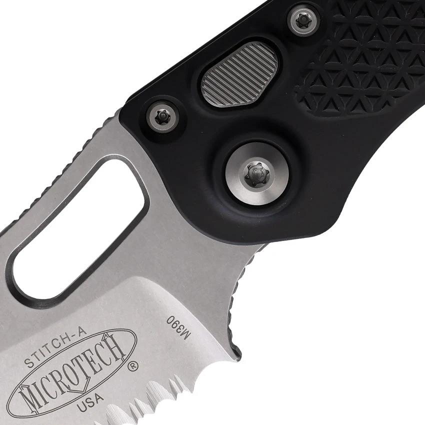 Microtech Auto Stitch SE Button Lock Knife For EDC Enthusiasts, Automatic Opening, 3.75in Serrated Wharncliffe Blade by Microtech