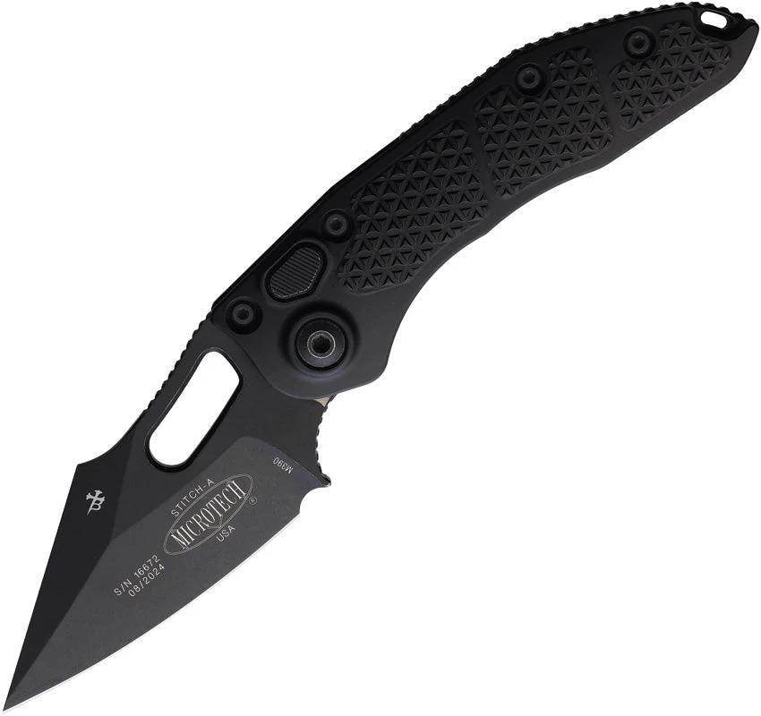 Microtech Auto Stitch S E Button Lock Knife Auto Opening 5In Closed Black Apocalyptic Finish EDC Tactical Enthusiasts