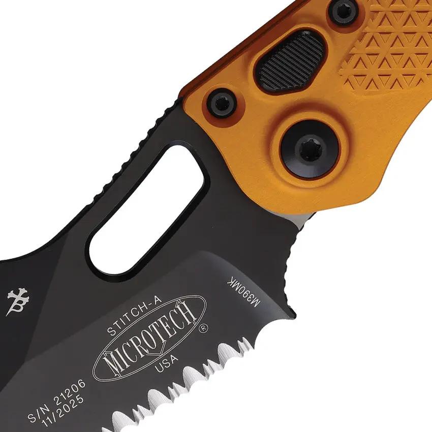 Microtech Auto Stitch SE Button Lock Knife Auto Opening With Wharncliffe Blade And Tangerine Aluminum Handle For EDC by Microtech