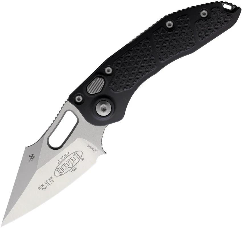 Microtech Auto Stitch SE Button Lock Folding Knife For EDC Fans Satin Wharncliffe Blade Rugged Aluminum Handle