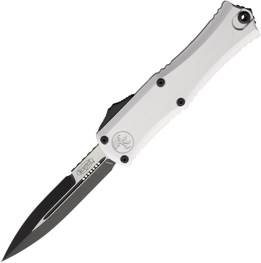 Microtech Auto Hera II OTF Bayonet Knife With 3 Inch Blade M390 Gray Aluminum Handle Glass Breaker EDC