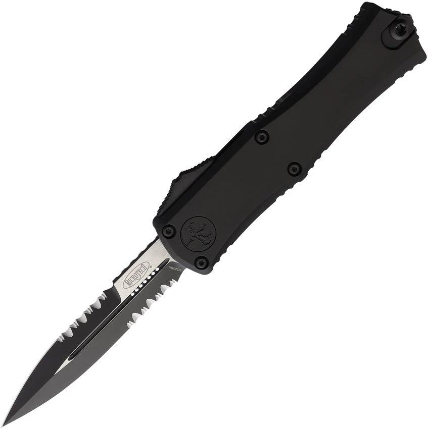 Microtech Hera II Mini Auto OTF Knife Bayonet Blade M390MK 3In Partially Serrated Black Aluminum Tactical 4In Closed