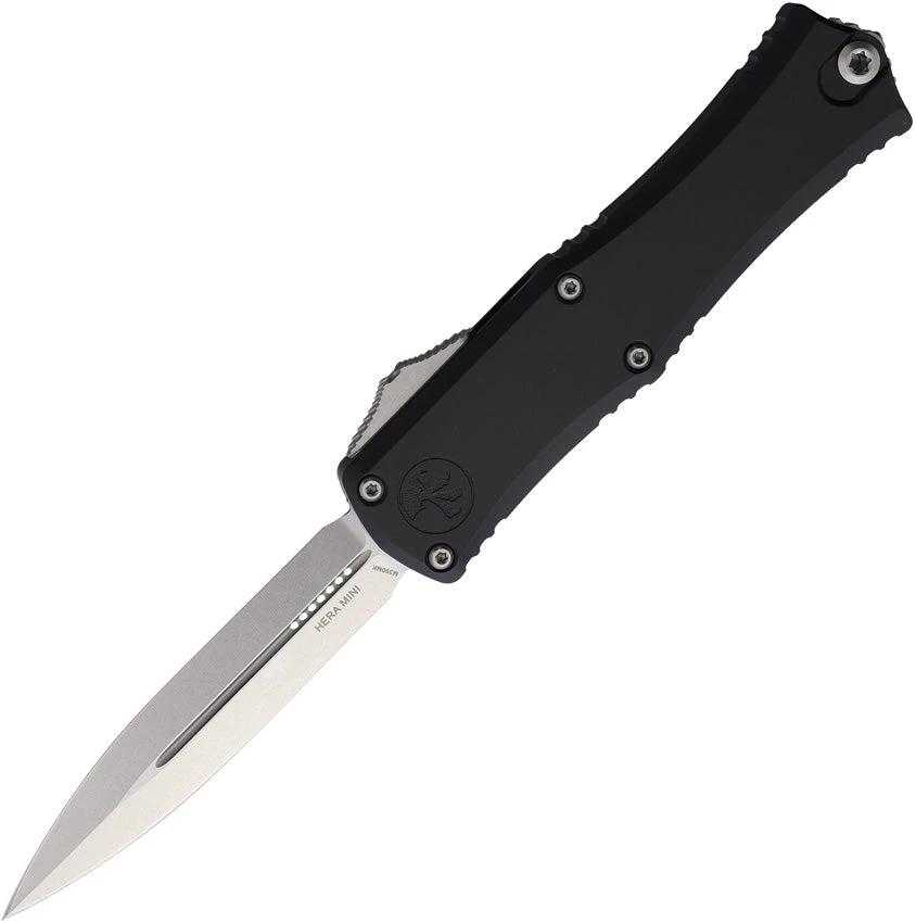 Microtech Hera II Auto OTF Mini Knife 4 Inch Closed 3 Inch Double Edge Dagger Blade Black Aluminum For EDC Enthusiasts