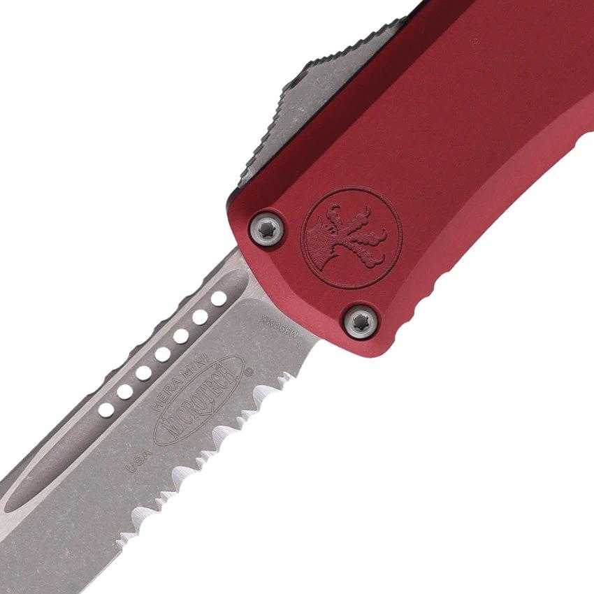 Microtech Hera II Mini OTF Auto Knife For EDC Fans With Glass Breaker And Partial Serration M390 Blade Merlot Aluminum by Microtech