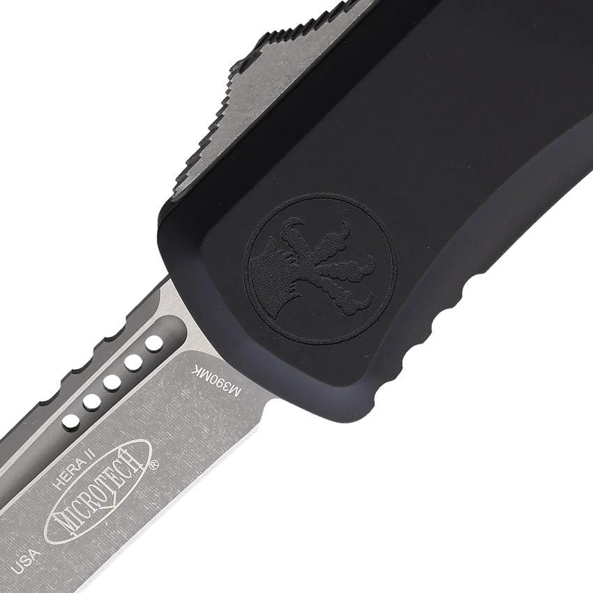 Microtech Auto Hera II OTF Recurve Knife With 4-Inch Blade Apocalyptic Finish Black Aluminum Handle Glass Breaker by Microtech