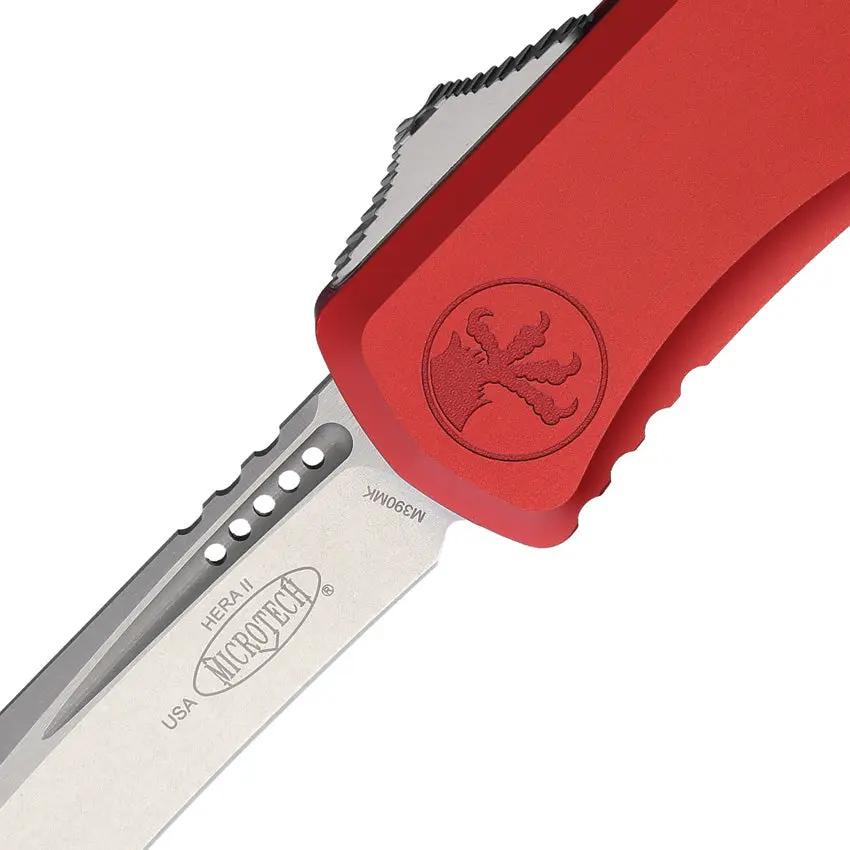 Microtech Hera II Auto OTF Recurve Knife Red Aluminum Handle 4 Inch Stonewash Blade Glass Breaker For Everyday Carry by Microtech