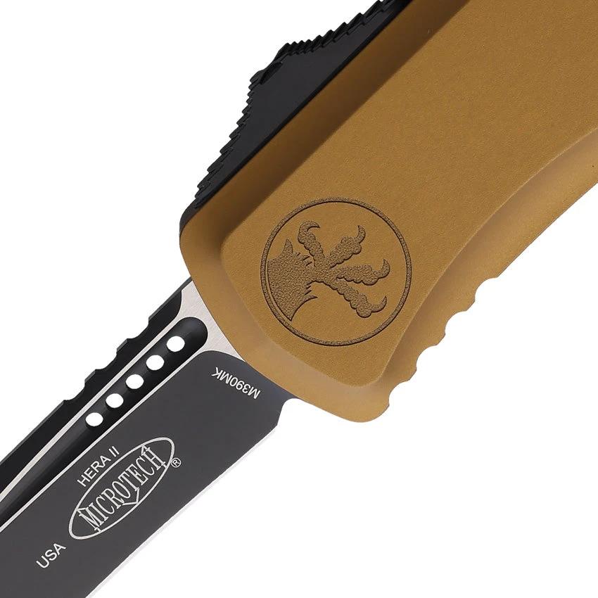 Microtech Auto Hera II OTF Knife Recurve Tan Aluminum Handle Glass Breaker For EDC Enthusiasts by Microtech