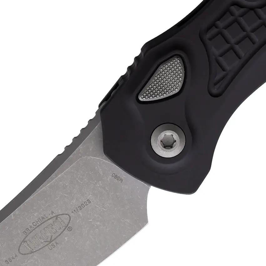 Microtech Auto Brachial Button Lock Knife 268A-10AP Auto Opening Bohler M390 Blade Black Textured Aluminum Handle EDC by Microtech