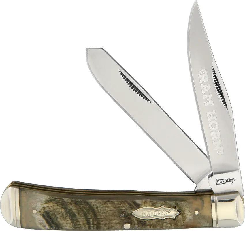 Marbles Rams Horn Trapper KB201 - Stainless Clip and Spey Blades With Ram Horn Handles and Inlay Shield by Marbles
