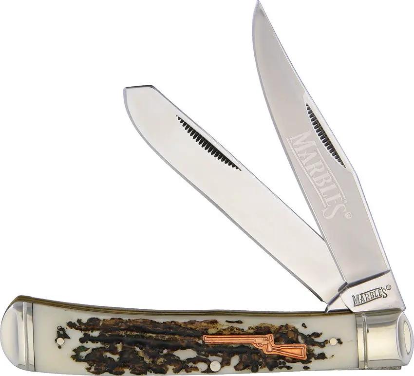 Marbles Trapper - Imitation Stag Knife With 4.13 Inch Closed, Stainless Clip And Spey Blades, Inlay Shield by Marbles