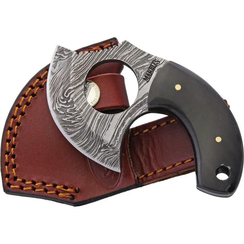 Marbles Damascus Skinner MR453 EG734 - Full Tang Knife With 2.75 Inch Damascus Blade Horn Handle Leather Belt Sheath by Marbles