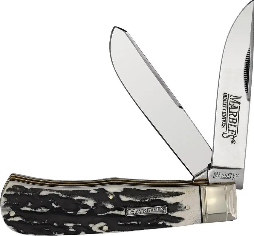 Marbles Jumbo Trapper Black Stag Knife - Mirrored Stainless Clip And Spey Blades by Marbles