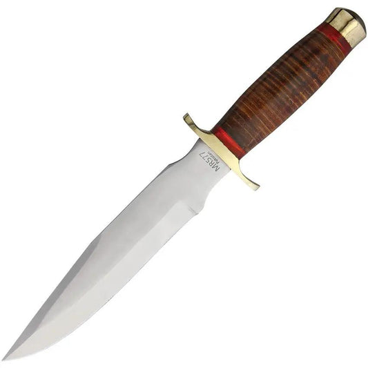Marbles Stacked Leather Bowie MR577 Satin Clip Point Blade With Brass Guard And Pommel by Marbles