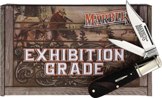 Marbles Barlow Brown Checkered Bone Pocket Knife With Satin Clip And Pen Blades Closed In Box by Marbles