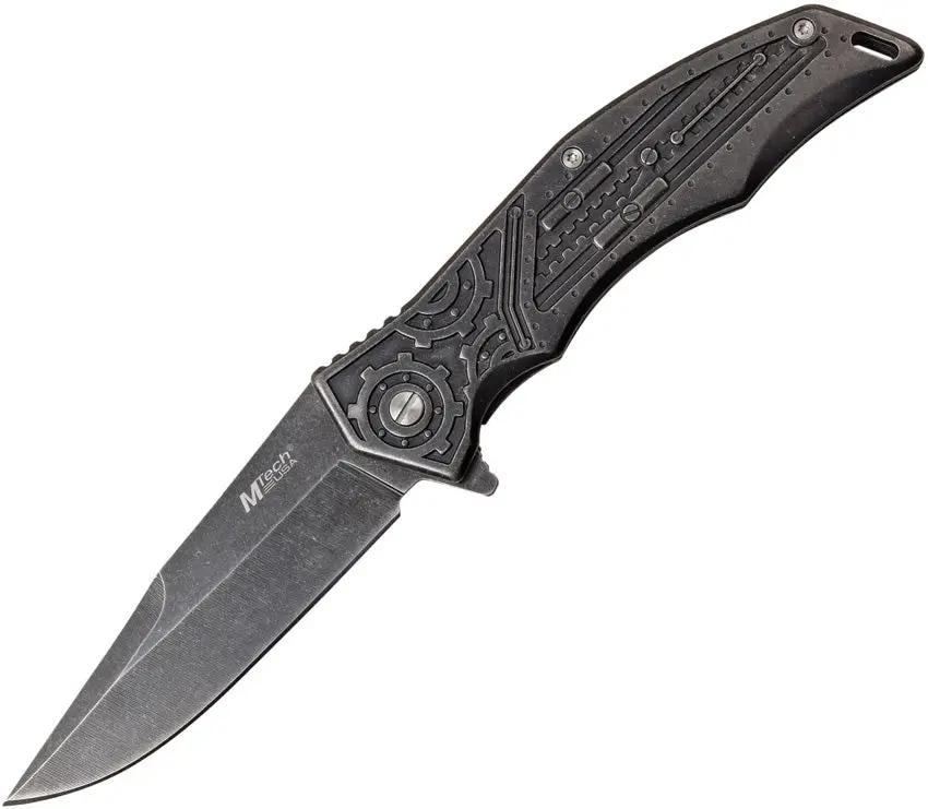 MTech Gear Framelock Folding Knife With Assisted Opening MT A1095SW 5 Inch Closed Black Stonewash Blade For EDC by MTech