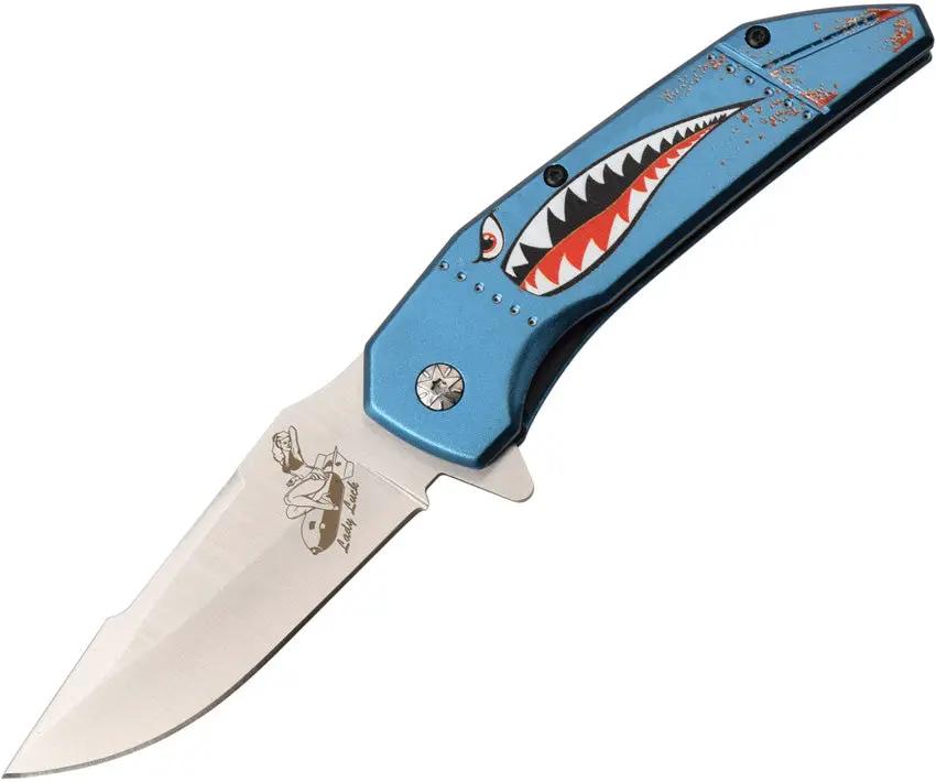 MTech Lady Luck Linerlock Assisted Opening Knife for EDC Enthusiasts Satin Blade Blue Aluminum Handle Shark Artwork by MTech