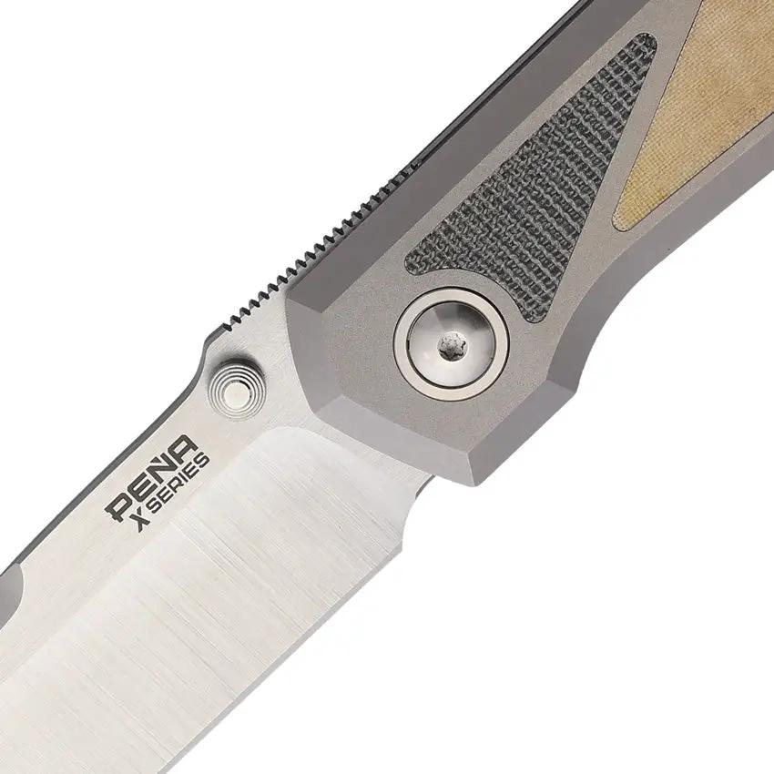 Pena Knives Mula Framelock DP - White And Black Micarta Inlays Satin M390 Drop Point Blade Gray Titanium Handle by Pena Knives
