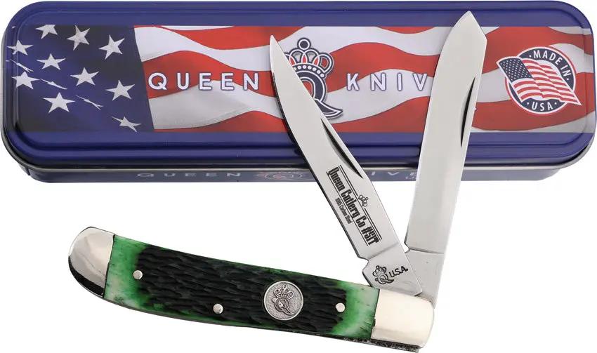 Queen Mini Trapper Green Jigged Bone - Mirror Finish Stainless Clip And Spey Blades With Nickel Silver Bolsters by Queen