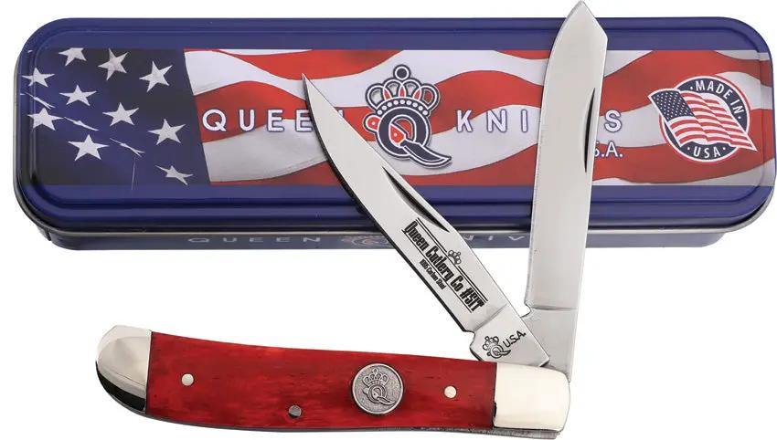 Queen Mini Trapper Red Smooth Bone Handle 3.5 Inch Closed With Mirror Stainless Clip And Spey Blades Gift Tin by Queen