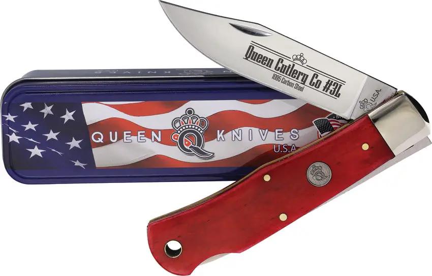 Queen Lockback Red Bone Knife - 4.5 Inch Closed With Mirror Stainless Clip Blade Nickel Silver Bolsters Inlay Shield by Queen