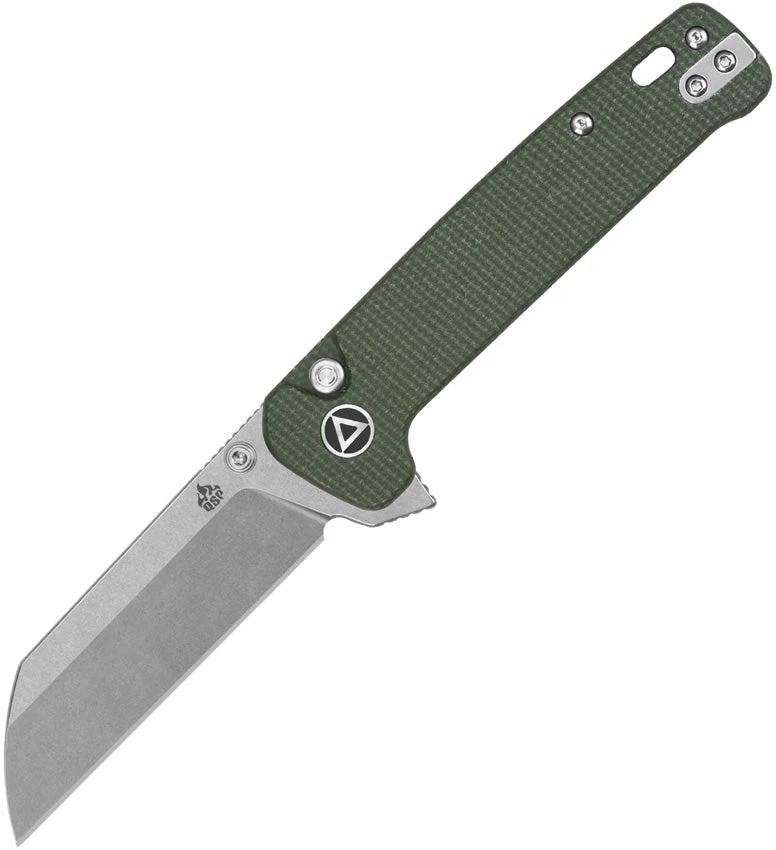 QSP Penguin Button Lock Knife EDC Enthusiasts 14C28N Premium Stonewash Blade Green Canvas Micarta Handle Extended Tang by QSP Knife