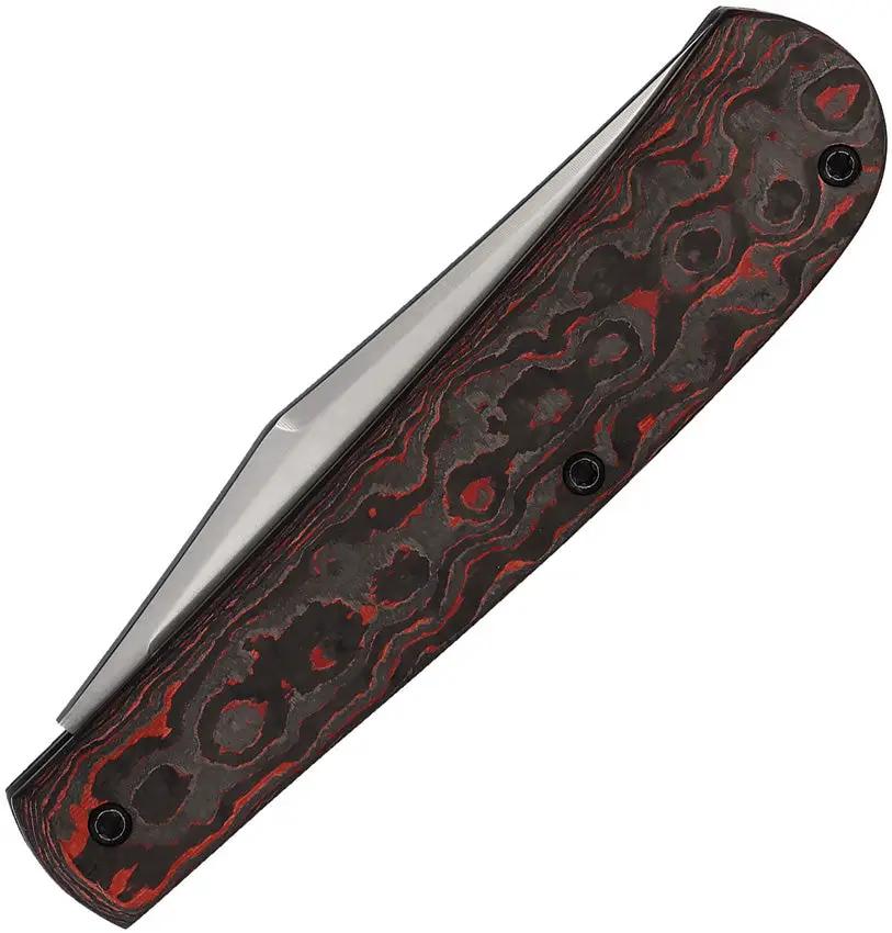 Queen Mountain Man Trapper CF - Satin MagnaCut Clip Blade With Red And Black Carbon Fiber Handle Gift Tin by Queen