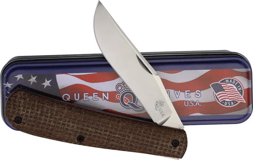 Queen Mountain Man Trapper Magnacut QSJMNB - Satin Magnacut Clip Blade, Brown Burlap Micarta Handle, Gift Tin by Queen