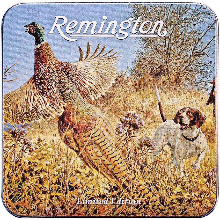Remington Flushing Pheasant Gift Set 15684 - Satin Stainless Blades, White Bone Handles, Etched Hunting Scene Tin by Remington