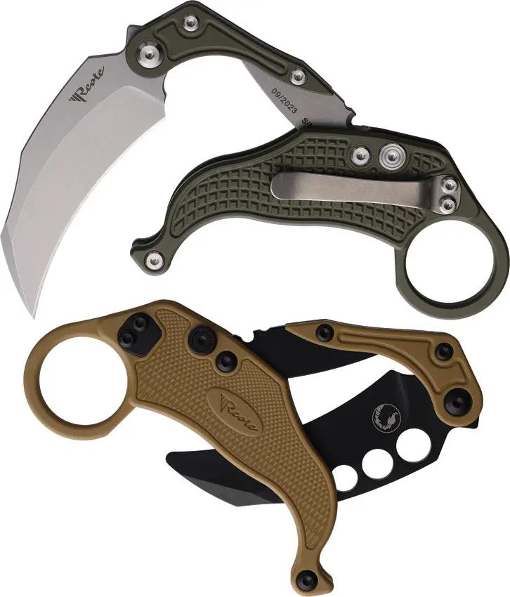 Reate Knives EXO K Button Lock Hawkbill EDC Knife Green SW Finish With Gravity Assisted Deployment by Reate Knives