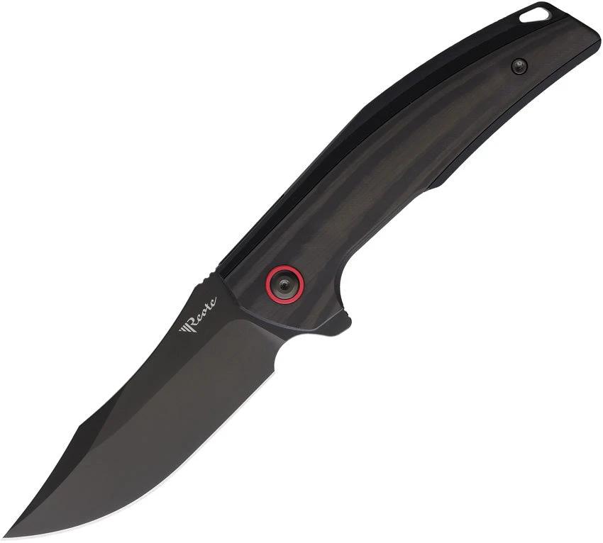 Reate Jack Jr Framelock EDC Knife With DLC S30V Blade Black CF Inlay Extended Tang Lanyard Hole Pocket Clip Red Accents by Reate Knives