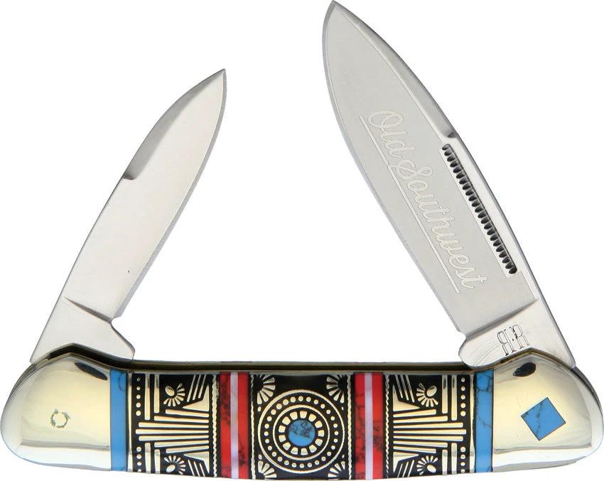 Rough Rider Old Southwest Canoe Knife For Collectors 3.63 Inch Closed Stainless Spear Pen Blades Blue Red Stone Inlays by Rough Rider