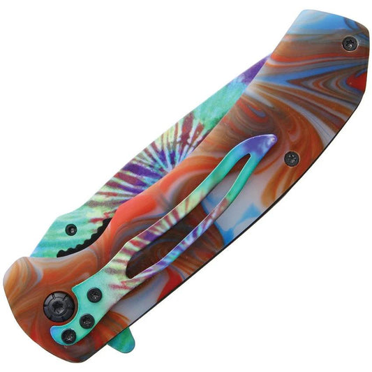 Rough Rider Tie Dye Linerlock Assisted Opening Knife For EDC Enthusiasts With Red Blue Swirl Handle by Rough Rider