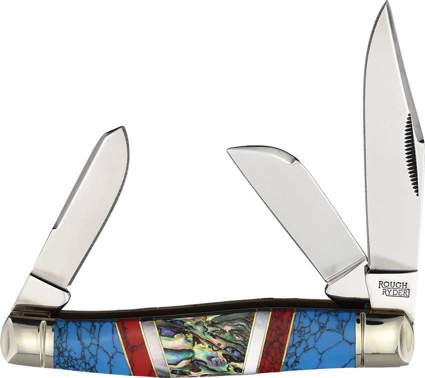 Rough Rider Large Stockman Knife Stoneworx 4.25in Clip Sheepsfoot Spey Gemstone Turquoise Abalone Collectors by Rough Rider