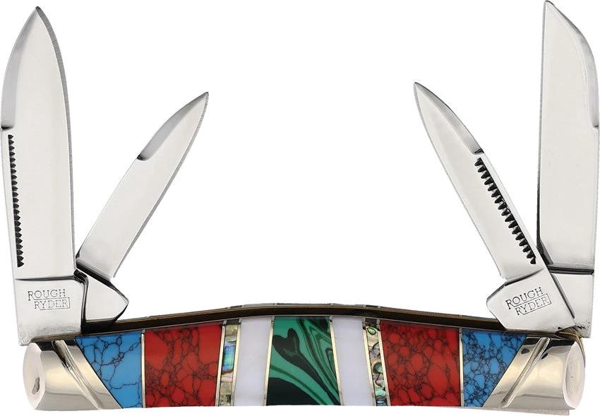 Rough Rider Stoneworx KB403H Congress Knife For Collectors With Stainless Blades Turquoise Mother Of Pearl Stone Handles by Rough Rider