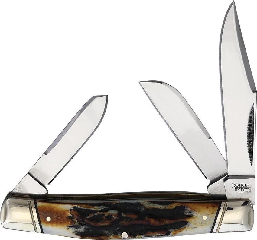 Rough Rider Stockman Knife Cinnamon Bone Stag 3.75 Inch Closed With Clip Sheepsfoot Spey Blades For Collectors by Rough Rider