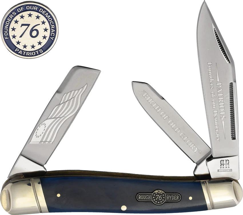 Rough Rider Patriot Stockman Knife 4.75 Inch Blue Smooth Bone Handle With Clip Spey Sheepsfoot Blades For Collectors by Rough Rider