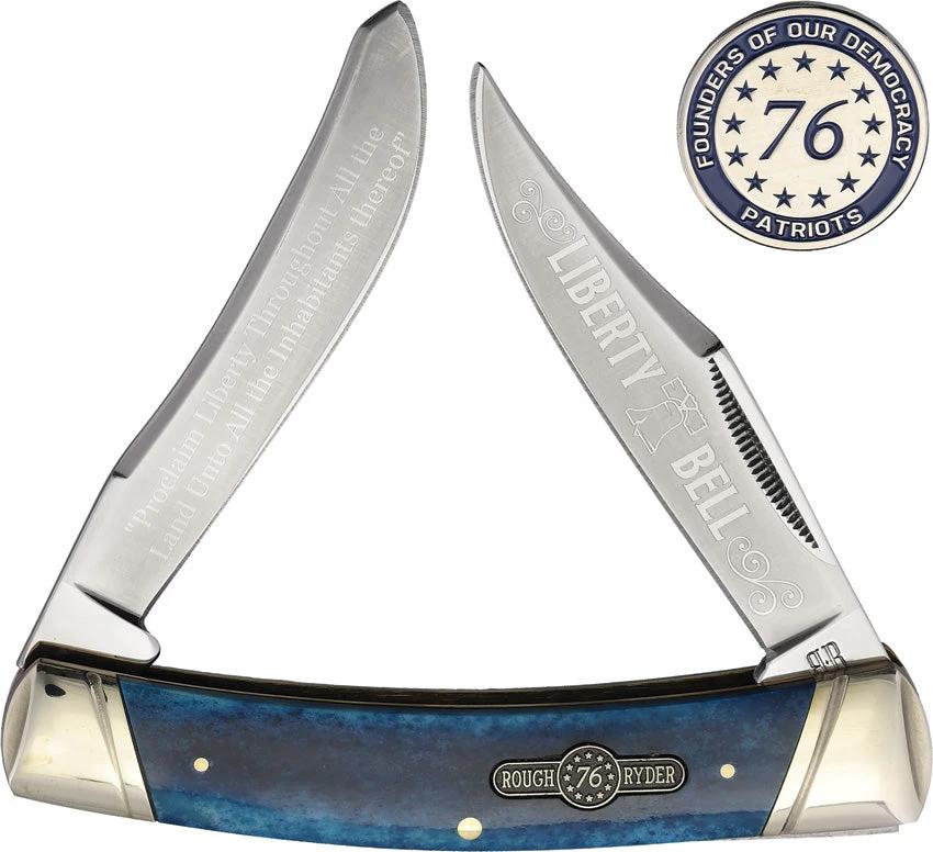 Rough Rider Patriot Moose Knife For Collectors With Long Spey Blades Blue Smooth Bone Handle Commemorative Coin by Rough Rider